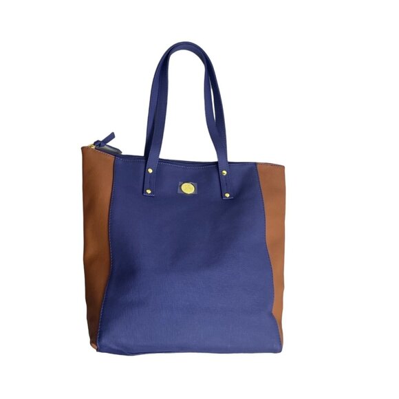 Joy Mangano Brown And Blue Leather Colorblock Tote Bag Sz L - NWOT - Picture 1 of 10